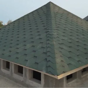 Genteng aspal atap bitumen ct6 rooflex hijau view drone di masjid pasar rebo